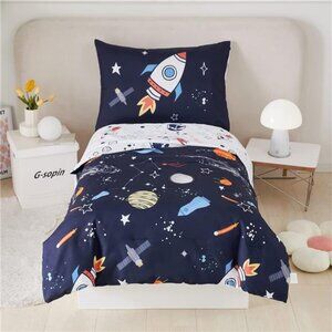 4 Pcs Toddler Bedding Dark Blue Outer Space Printed Toddler Bed Set